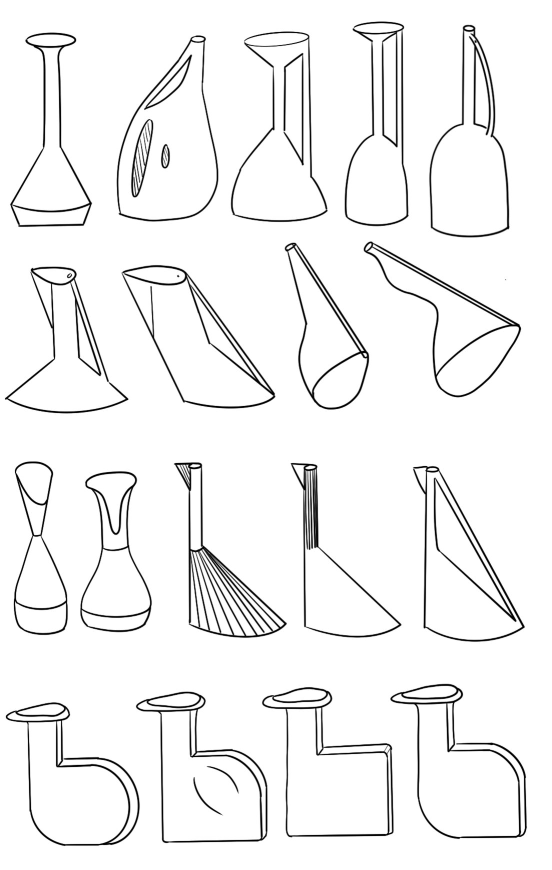 Line sketches of bottle forms inspired by birds