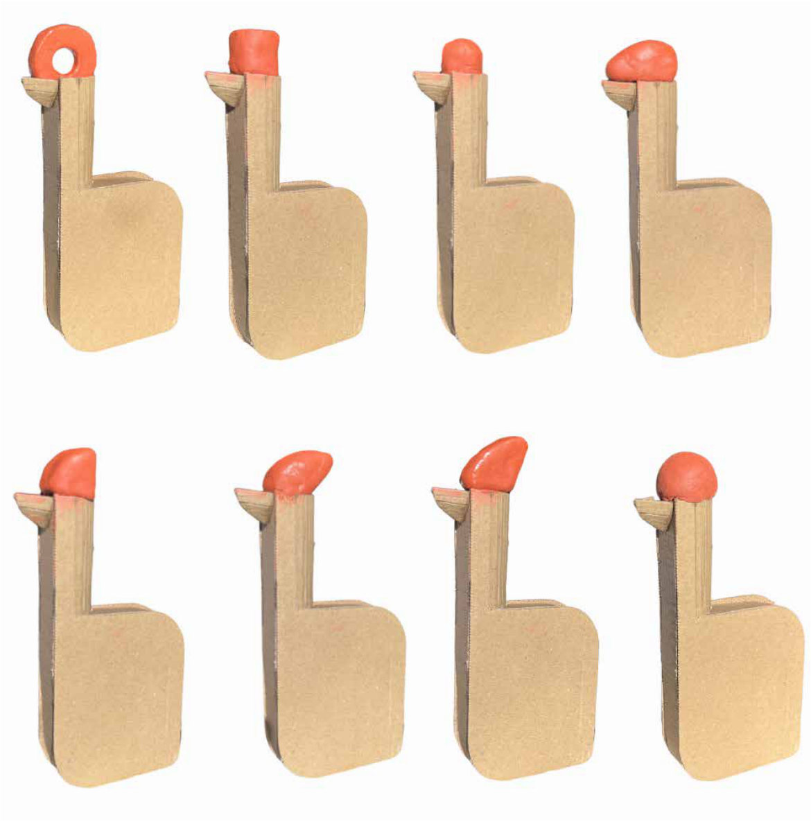 Eight card models with different clay bottle tops