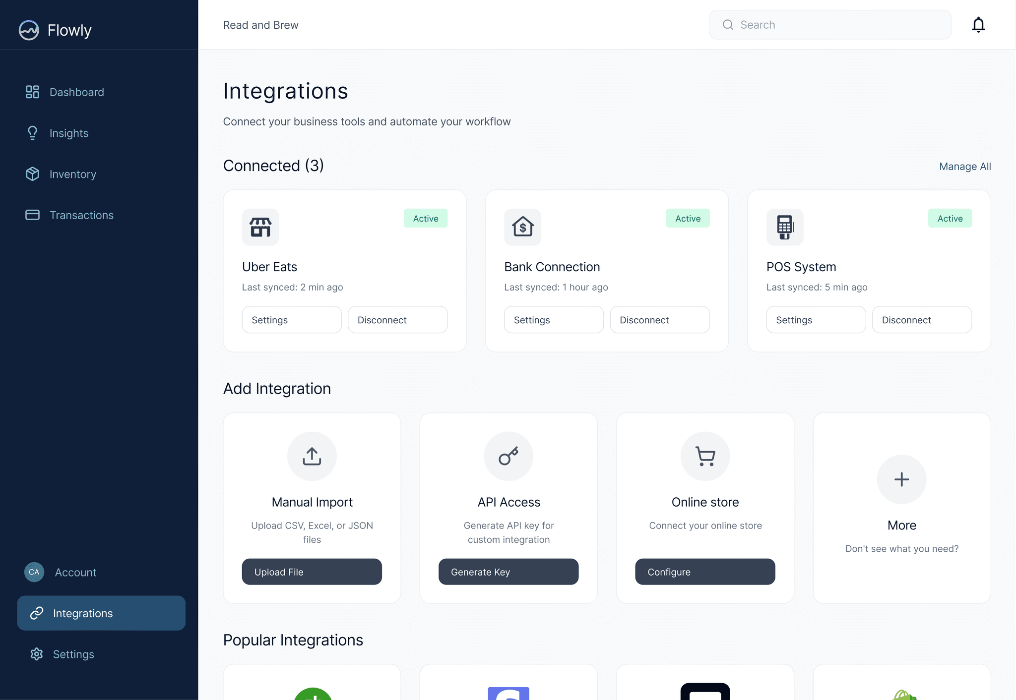 Flowly integrations view