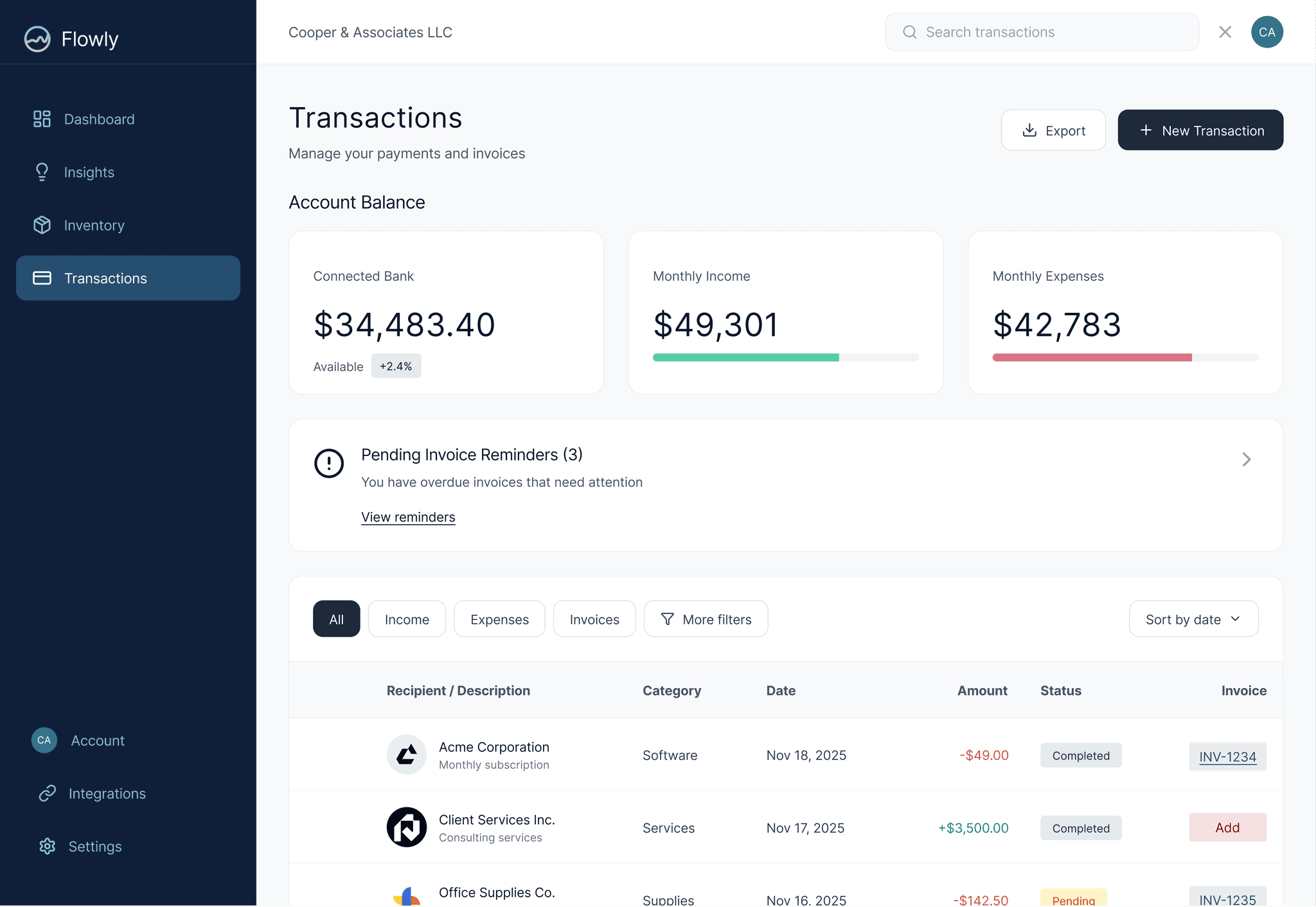Flowly transactions view