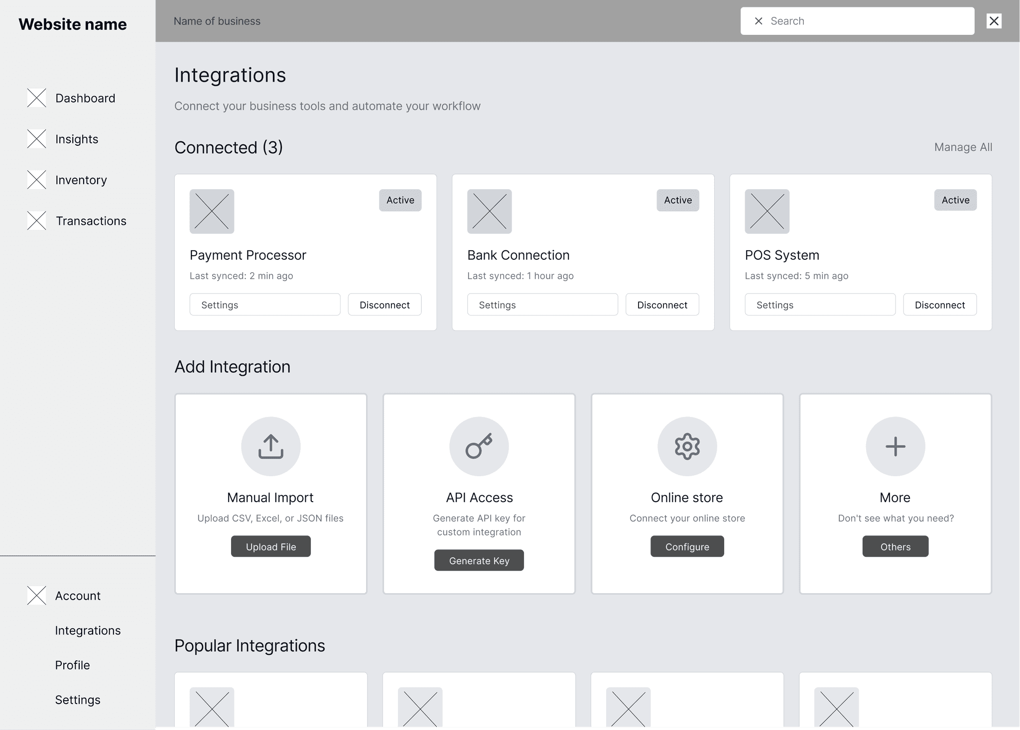 Mid-fi wireframe of integrations