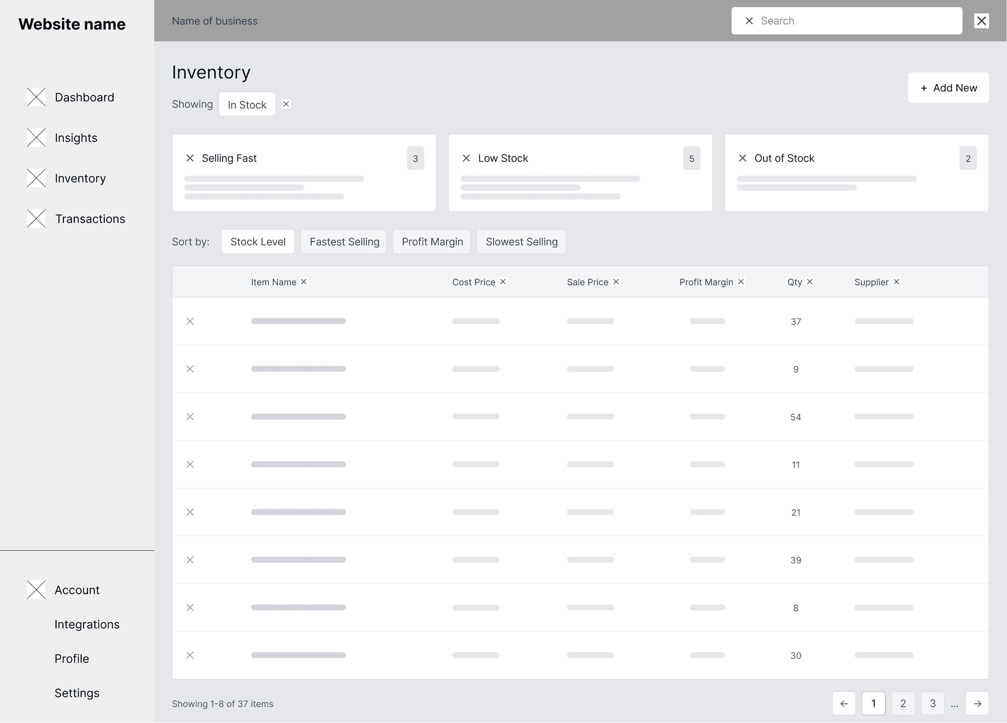 Mid-fi wireframe of the inventory list
