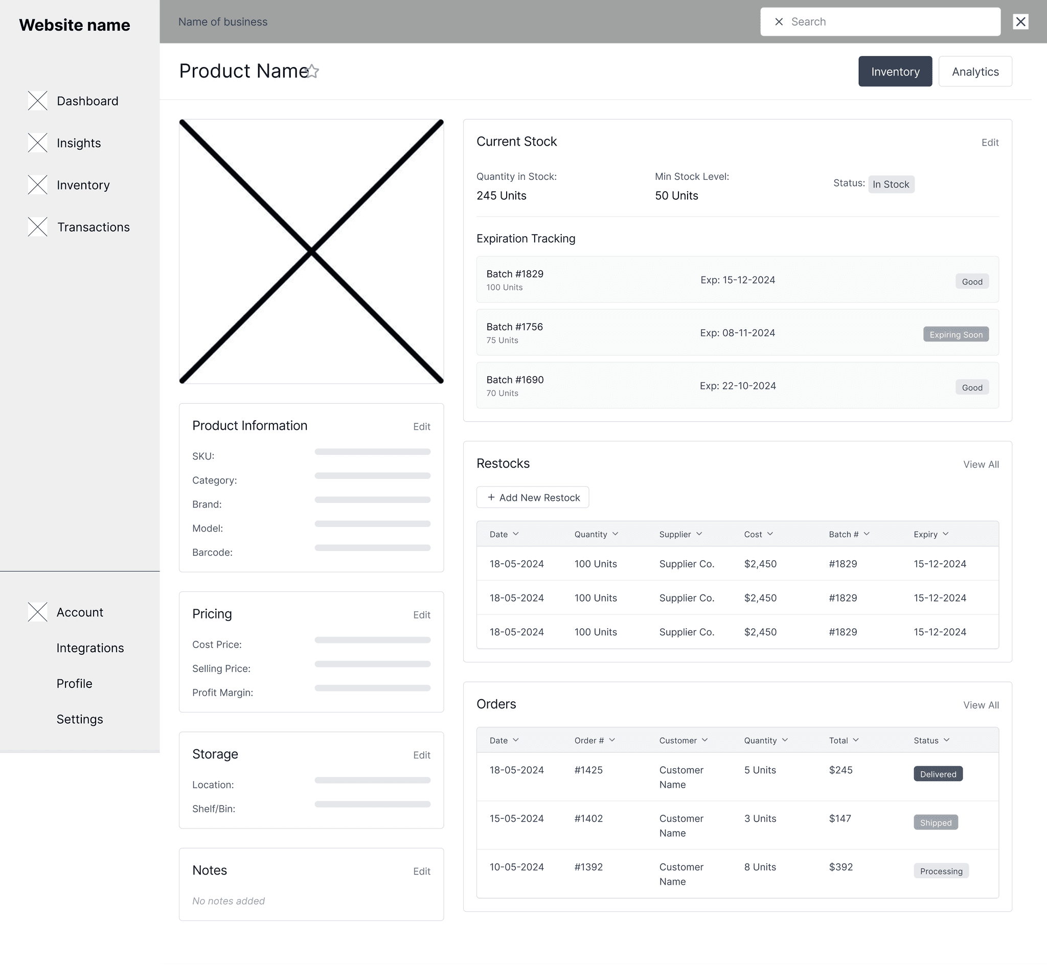 Mid-fi wireframe of a product page