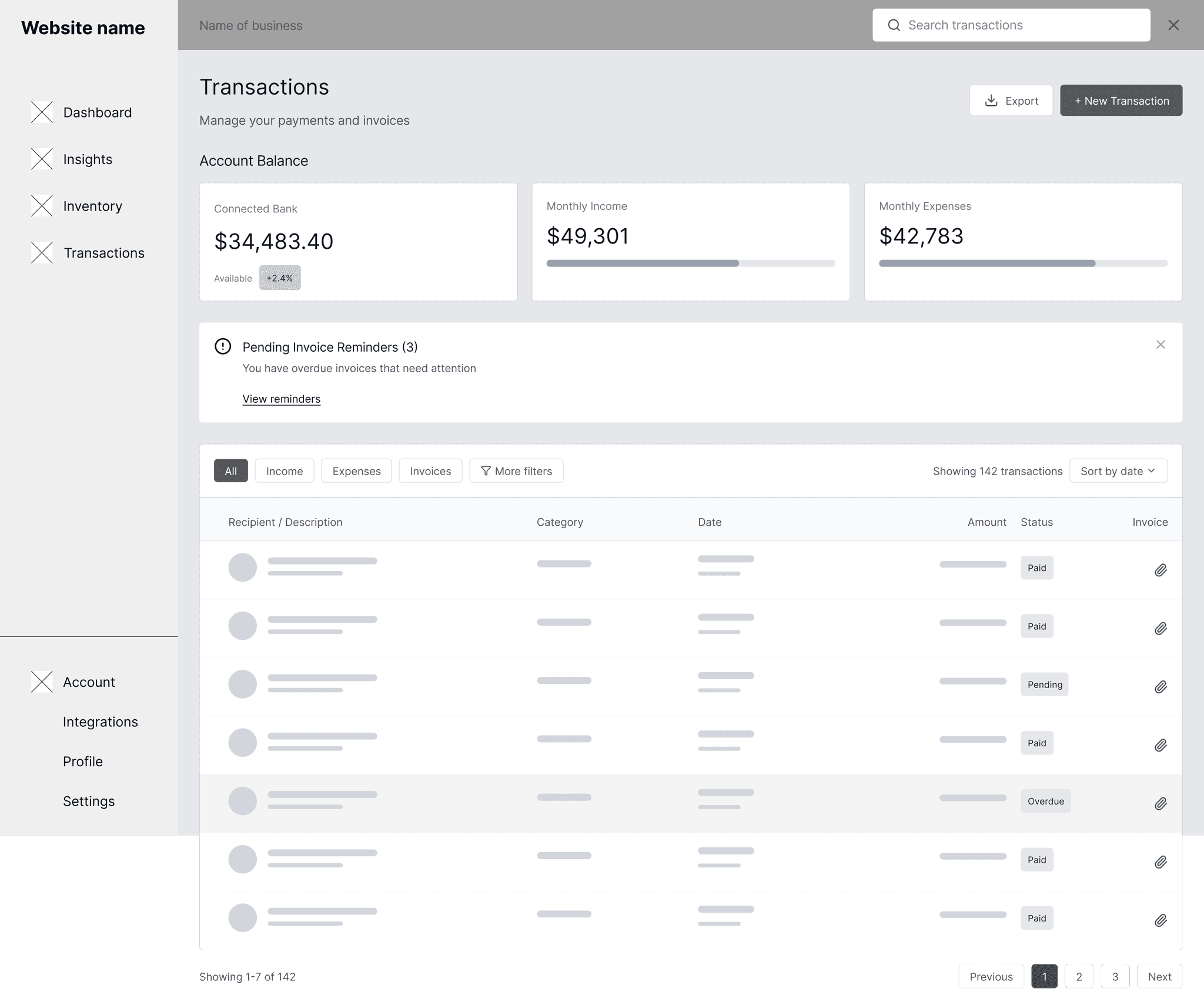 Mid-fi wireframe of transactions