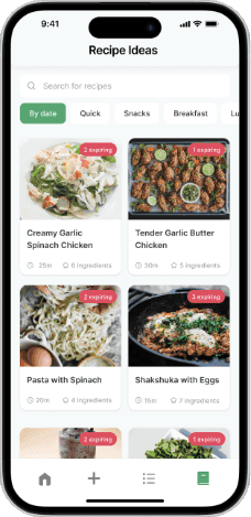 Recipe ideas in the earlier prototype