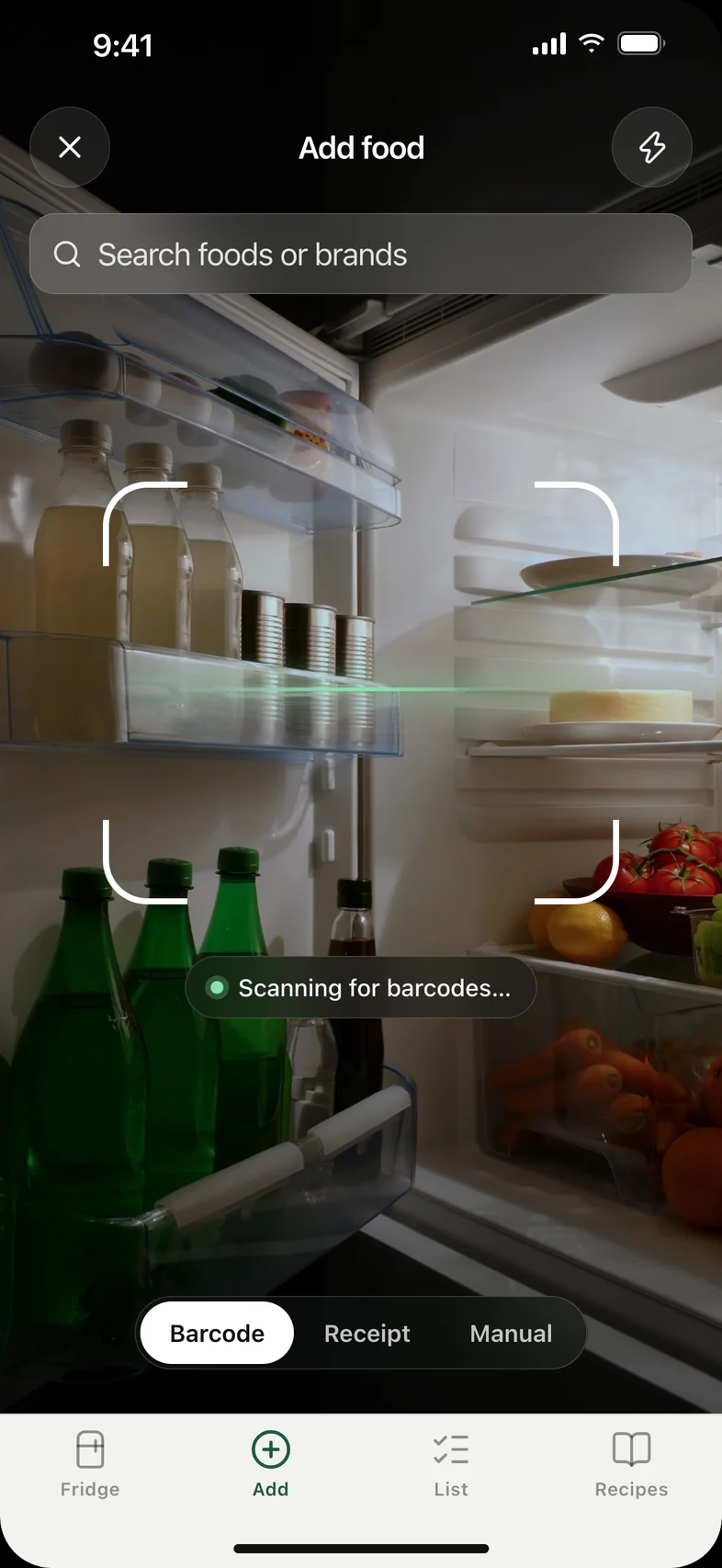 Scanning a barcode to add food