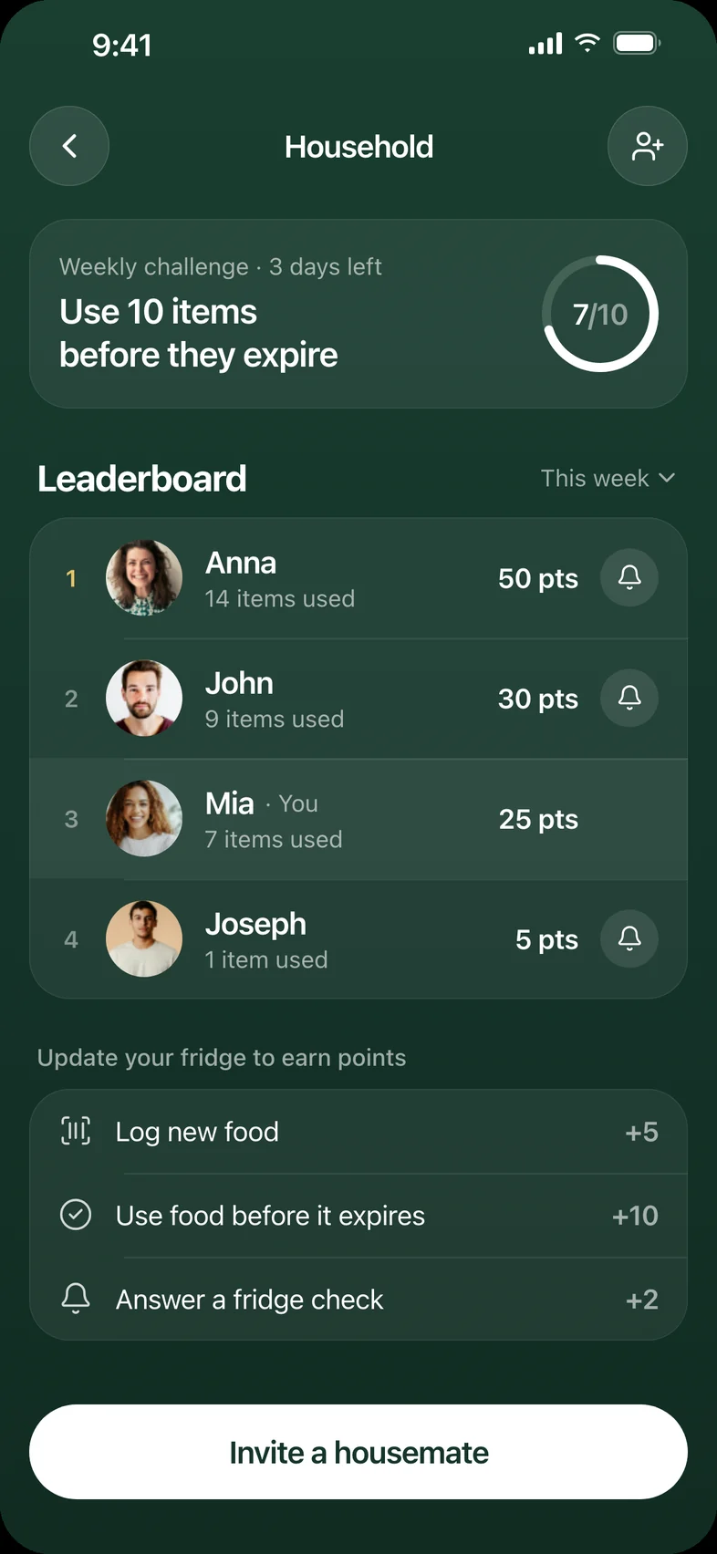 Household leaderboard screen