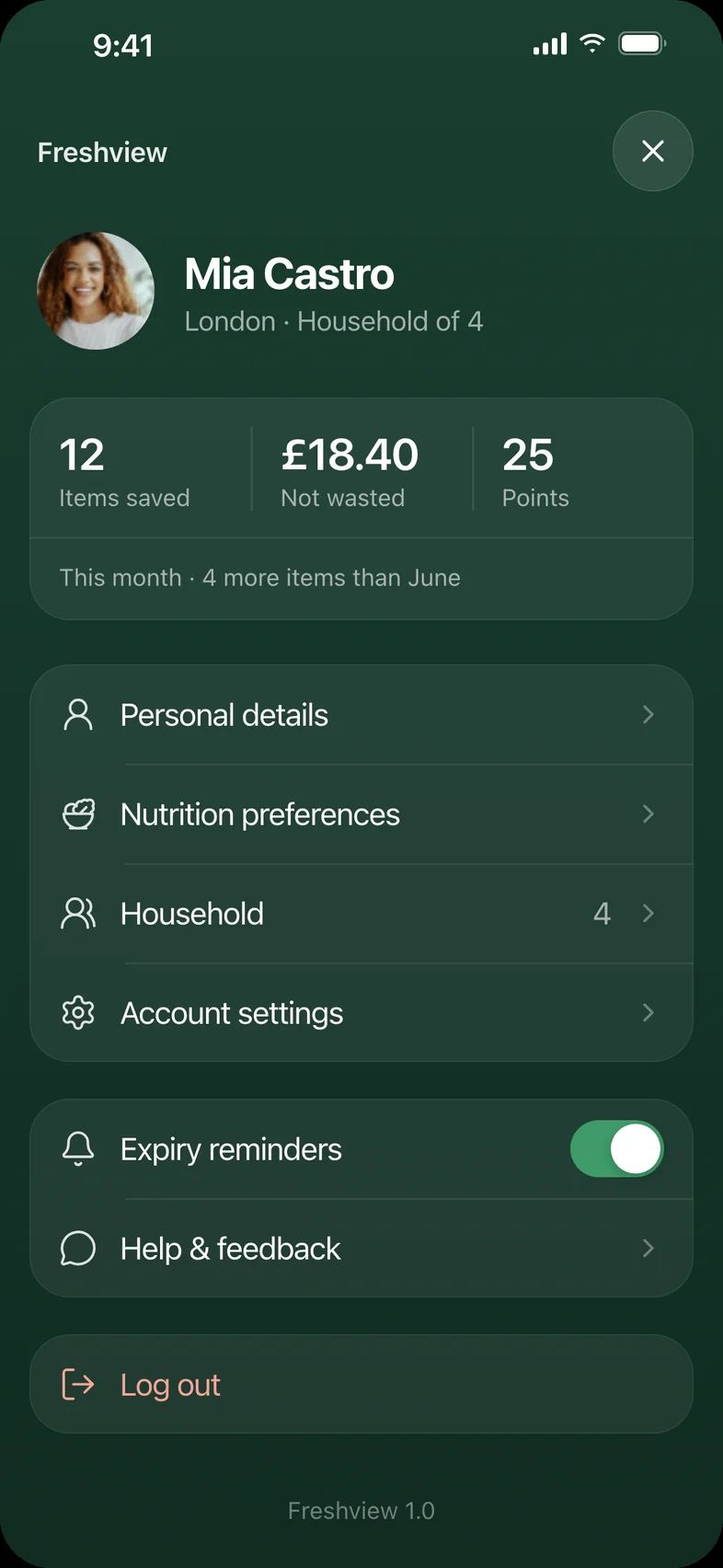 Profile with money saved and items used