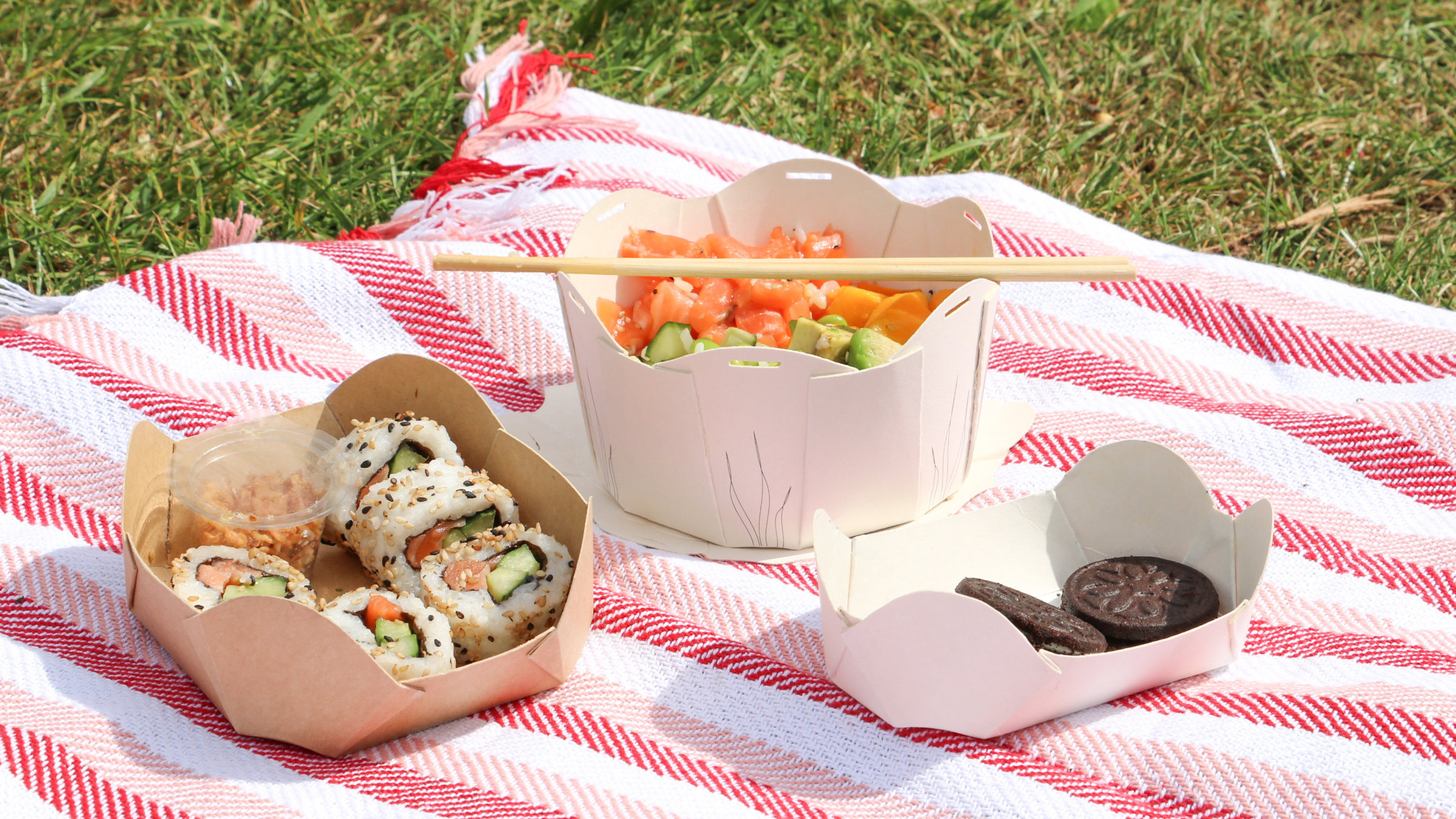 Nelumbo containers holding sushi, poke and biscuits on a picnic blanket