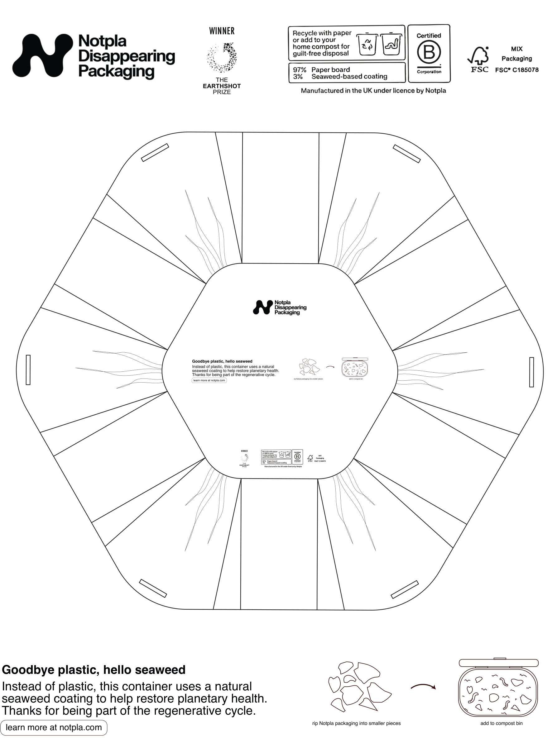 Bowl dieline with printed Notpla graphics and disposal instructions