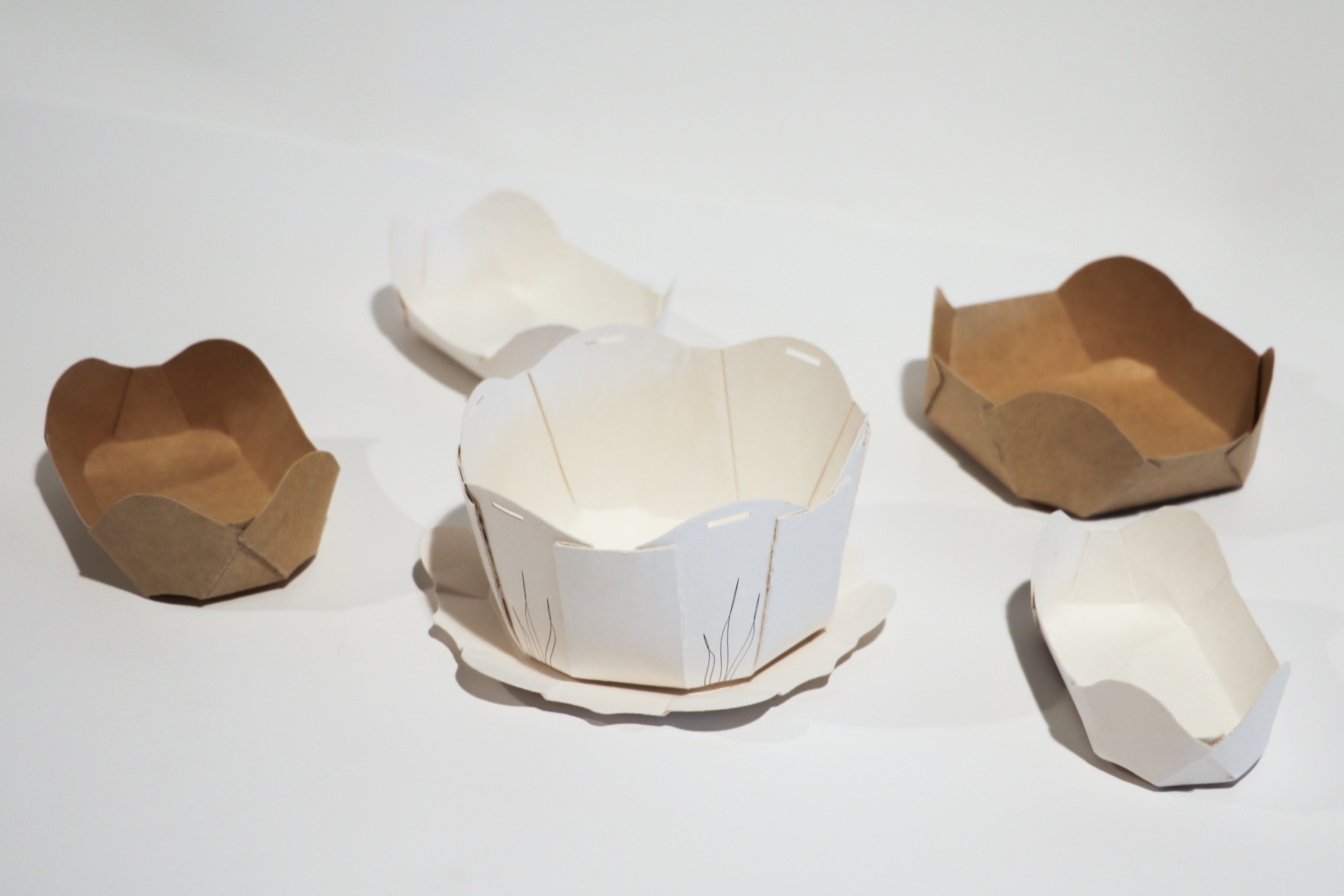The Nelumbo family of white and kraft petal-edged bowls and trays