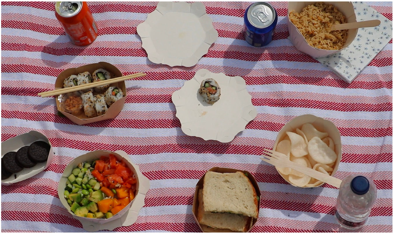 A picnic spread of Nelumbo containers