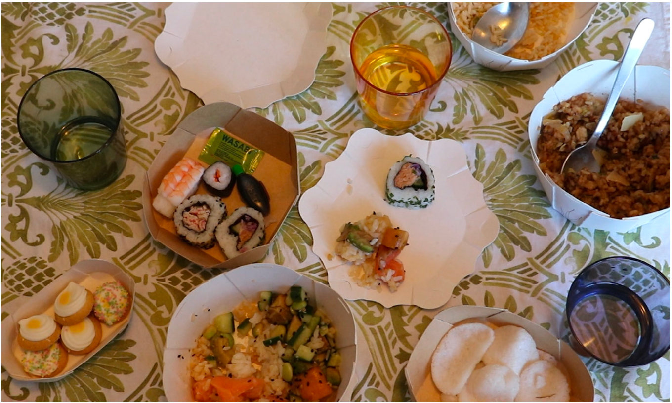 A colourful shared meal from above