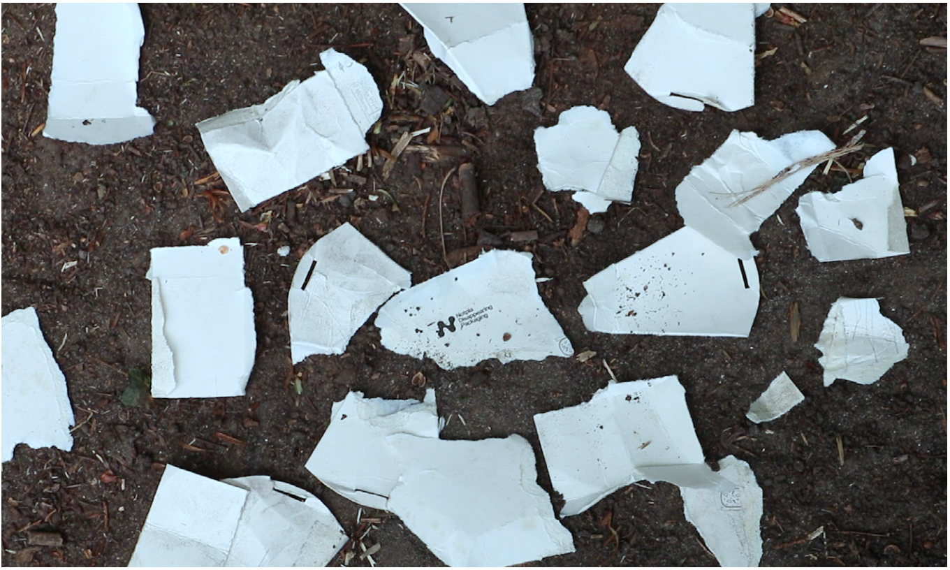 The container torn into pieces in the compost