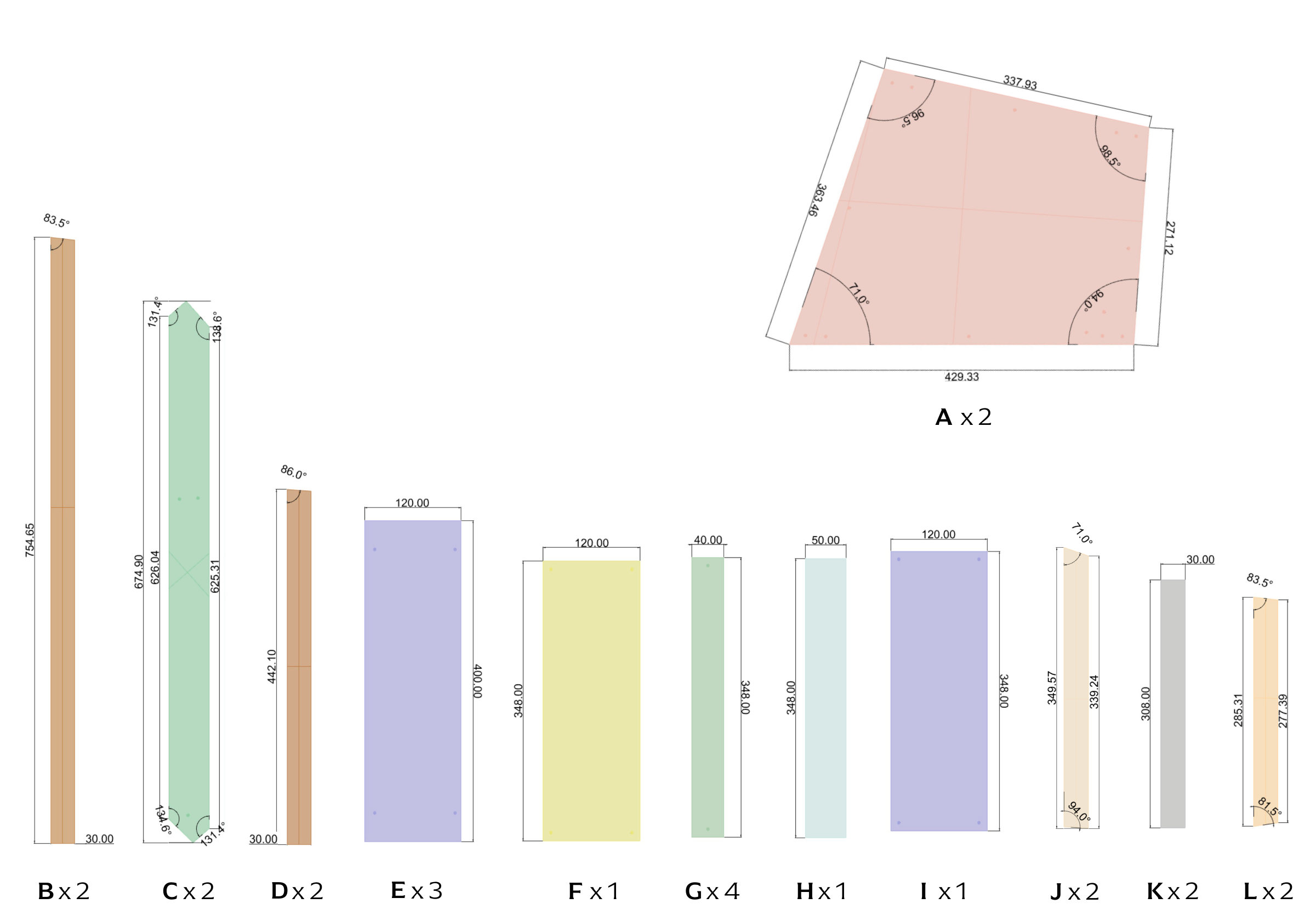 Cutting list with dimensions for parts A to L