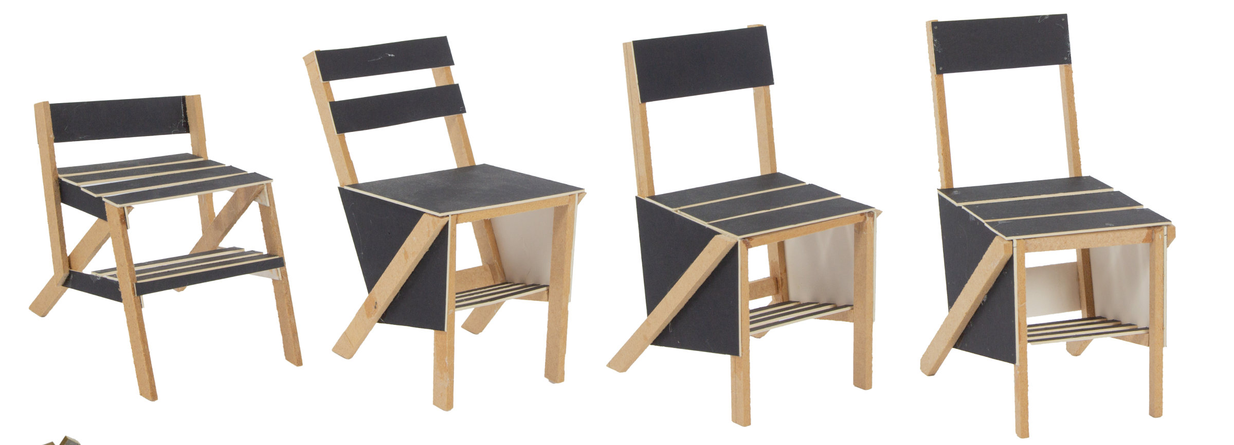 Four 1:5 scale chair models in a row