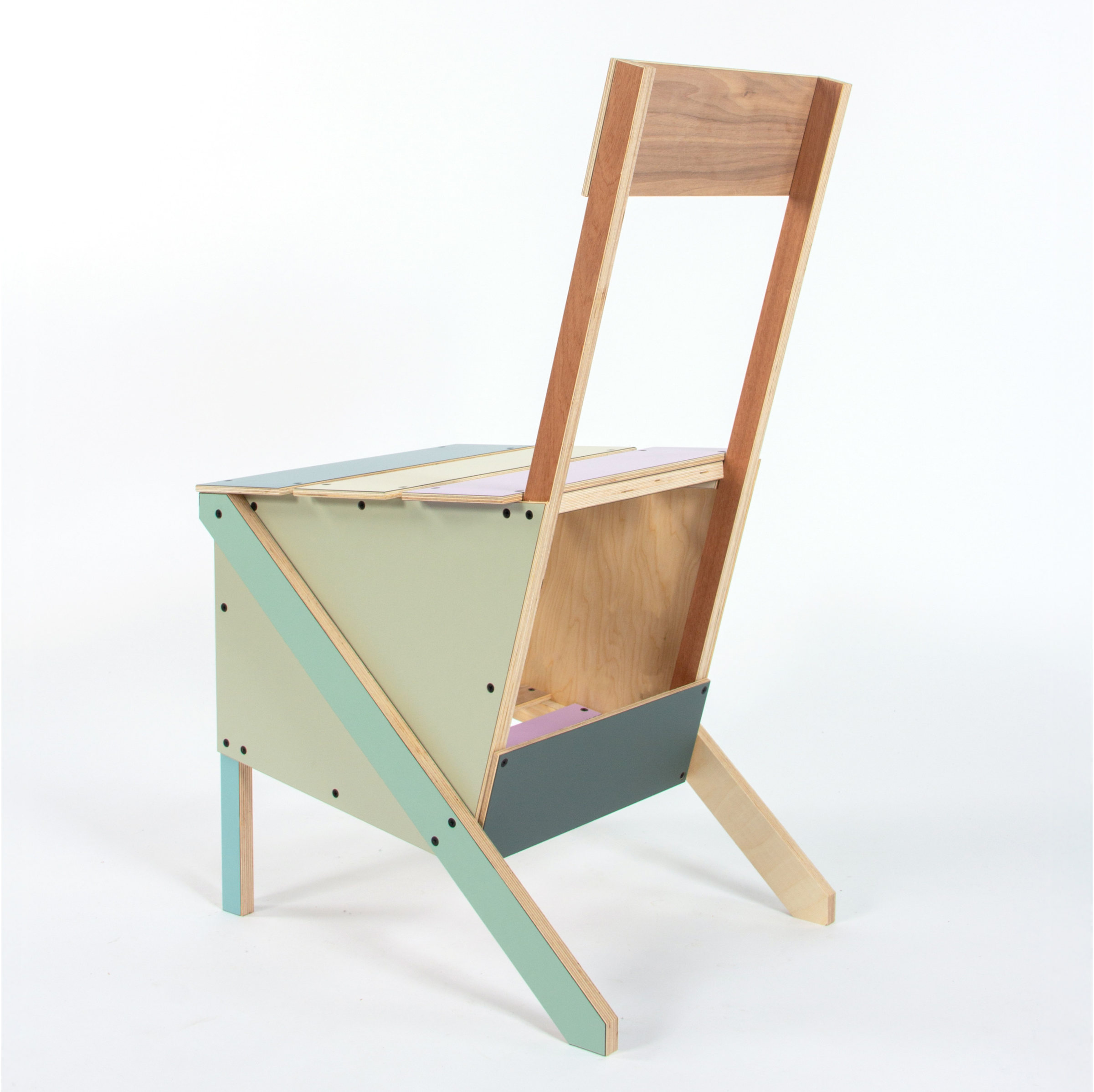 Second Cut chair from behind, showing the storage shelf