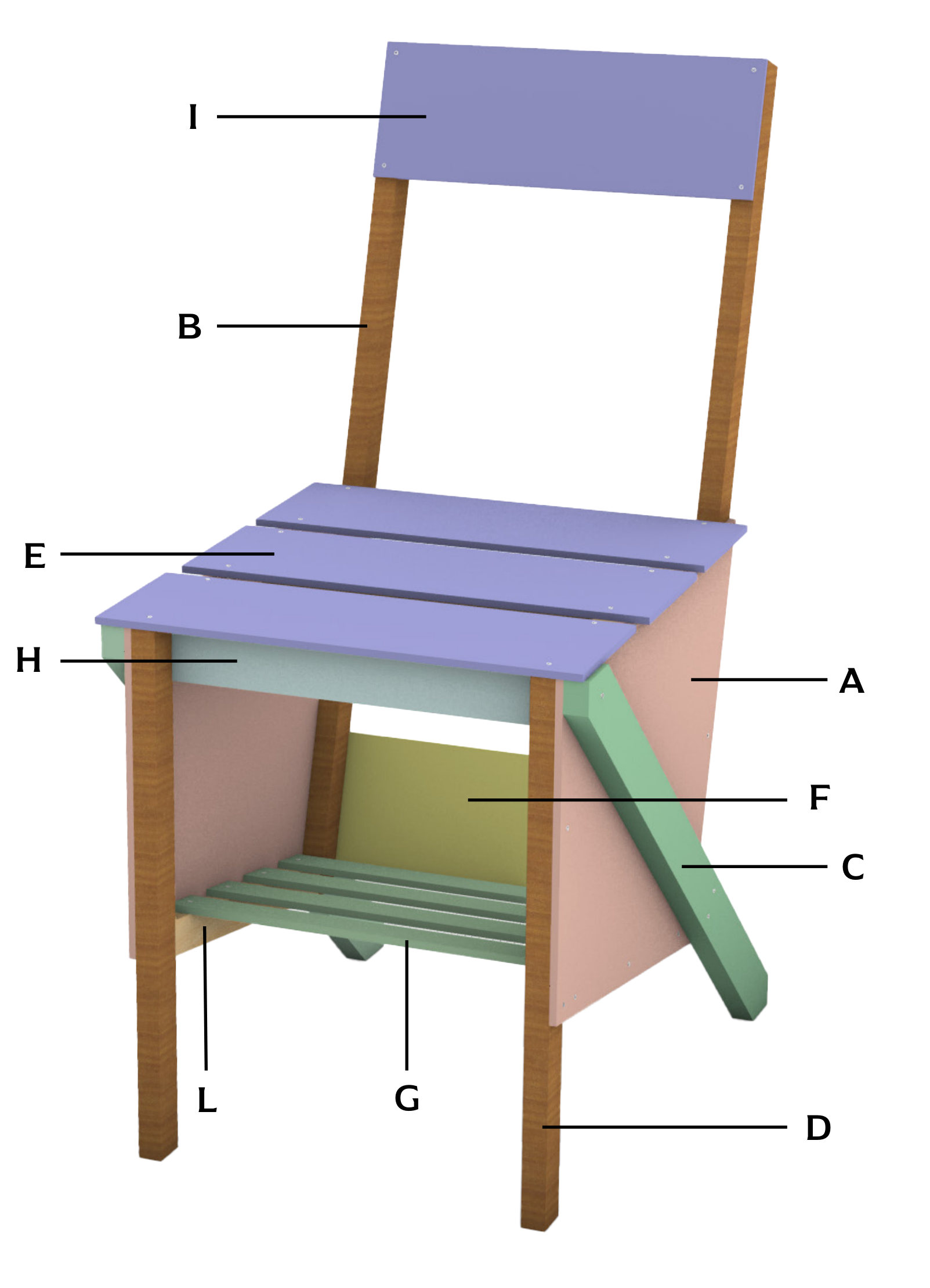 Chair model with each part labelled A to L