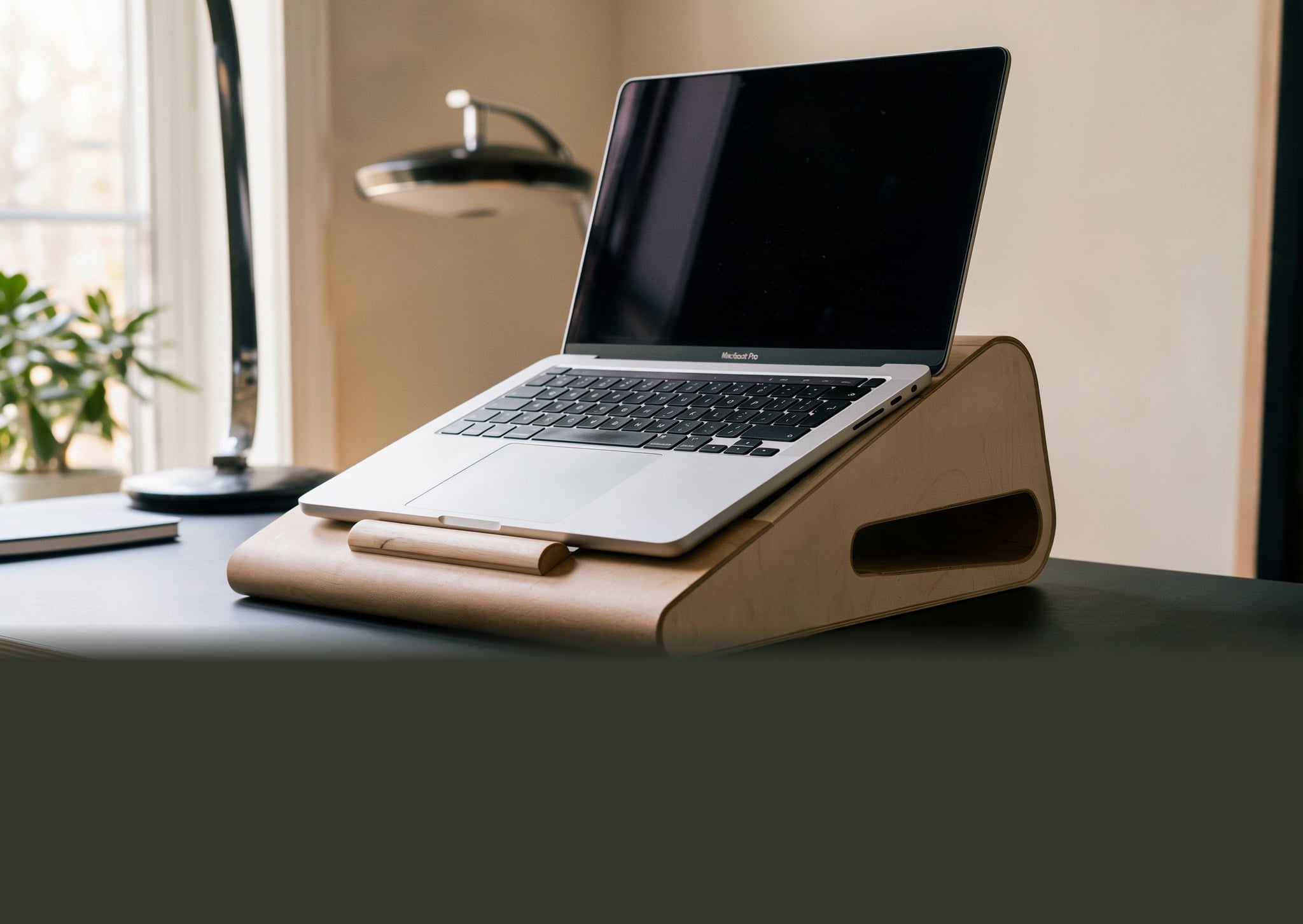 A laptop on The Port in birch plywood on a desk by a window