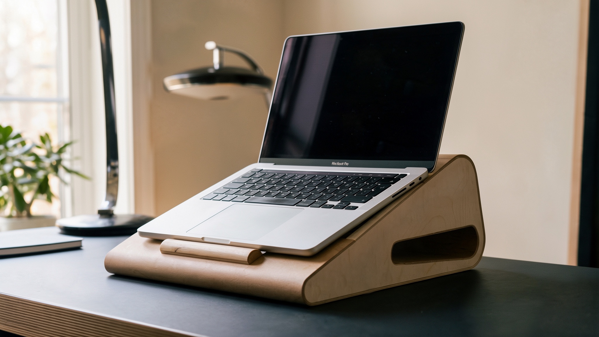 A laptop on The Port in birch plywood on a desk by a window