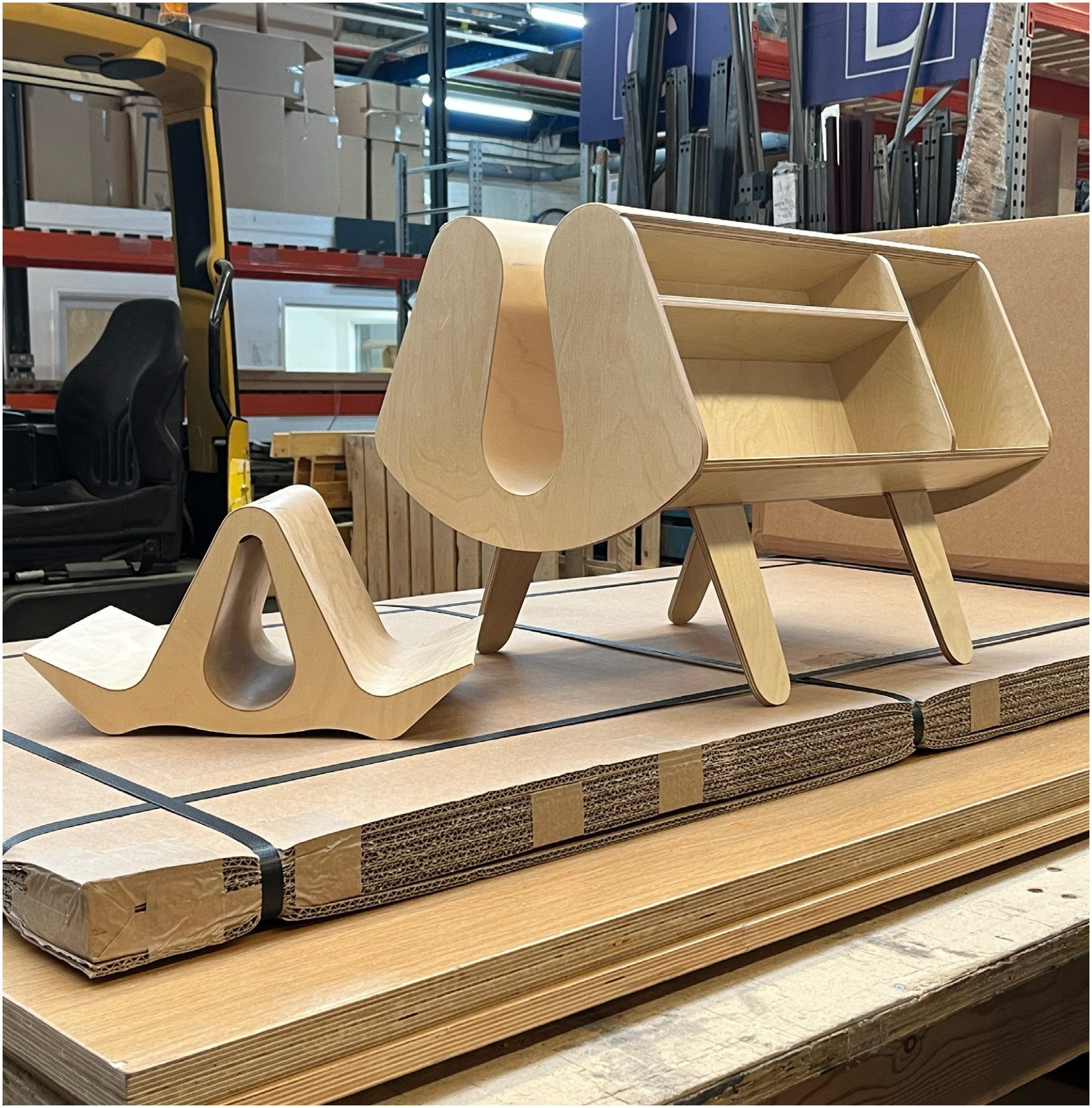 Bent-ply pieces on the workshop floor