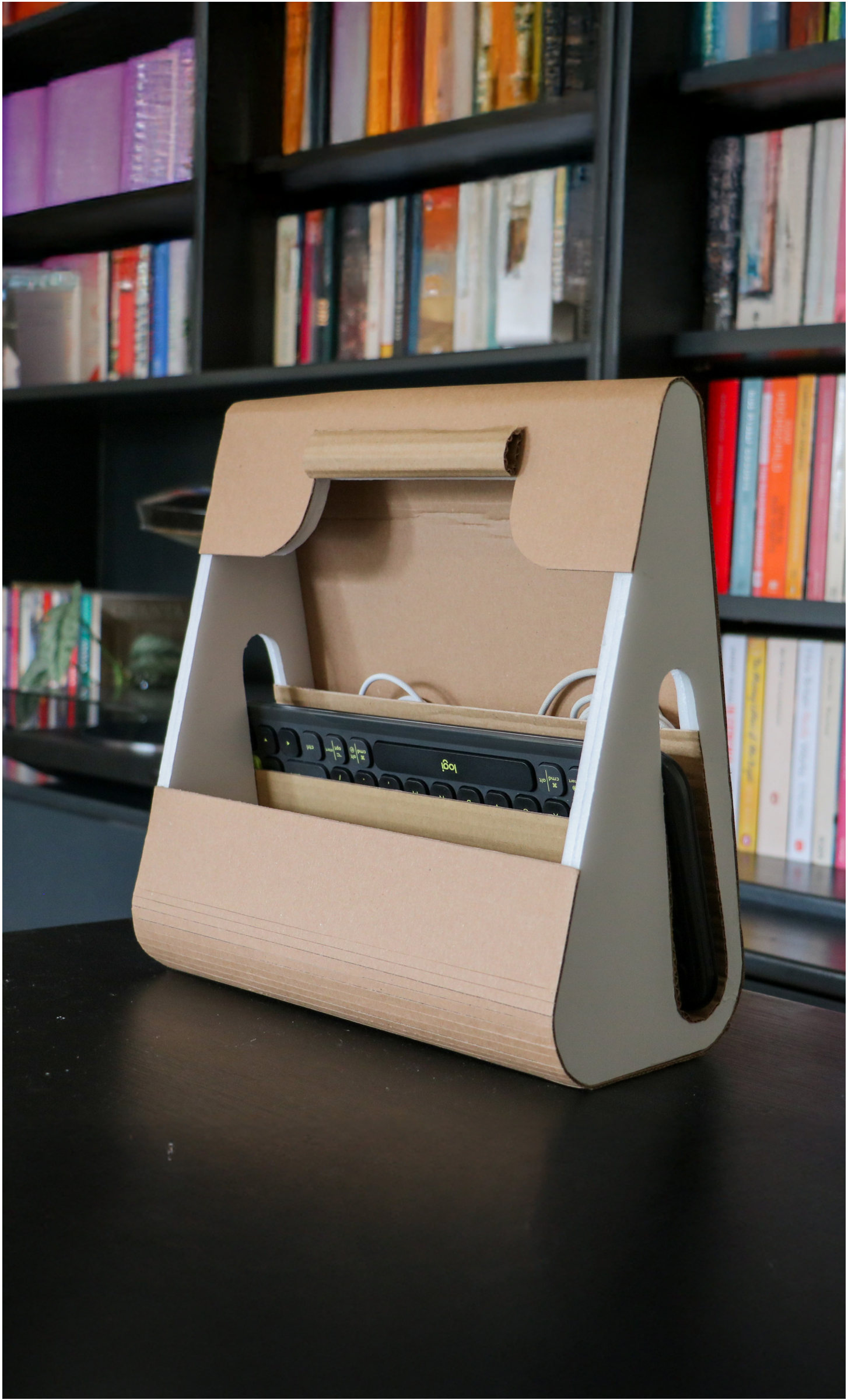 The Port standing upright with a keyboard stored inside