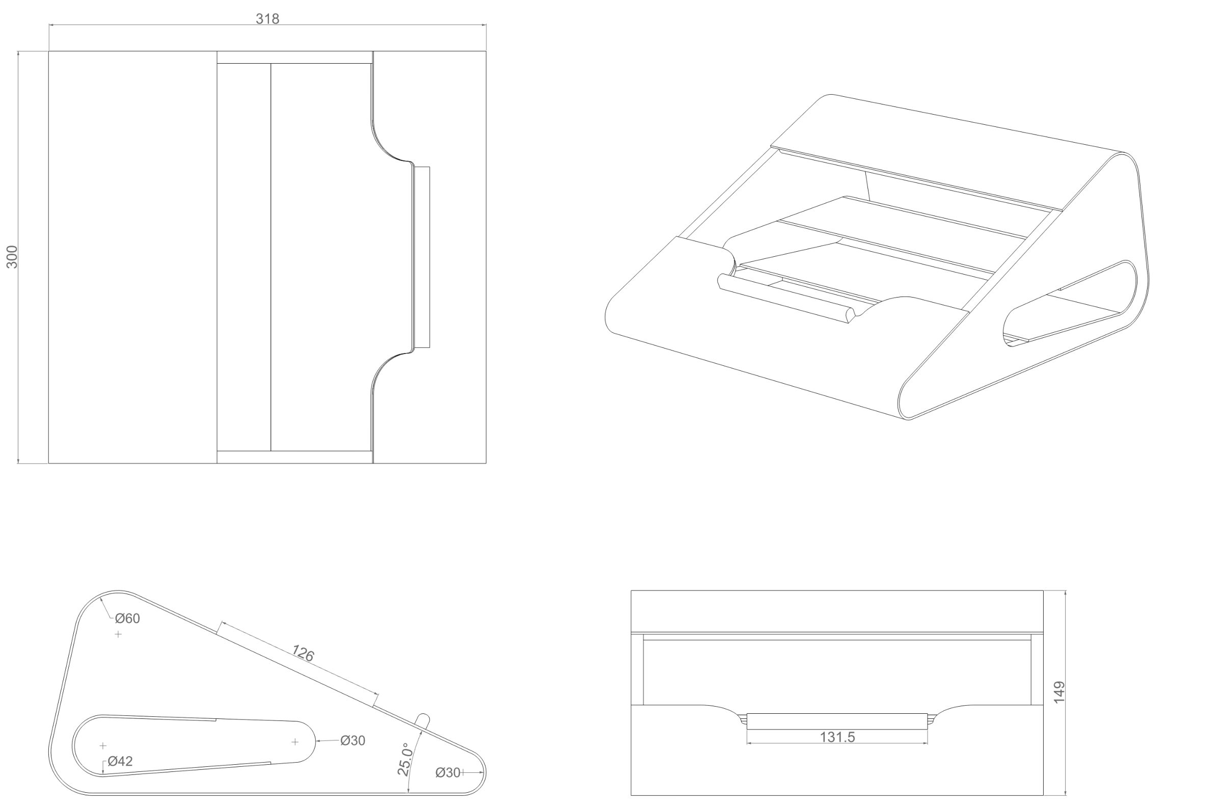 Plan, side, front and isometric drawings of The Port with dimensions