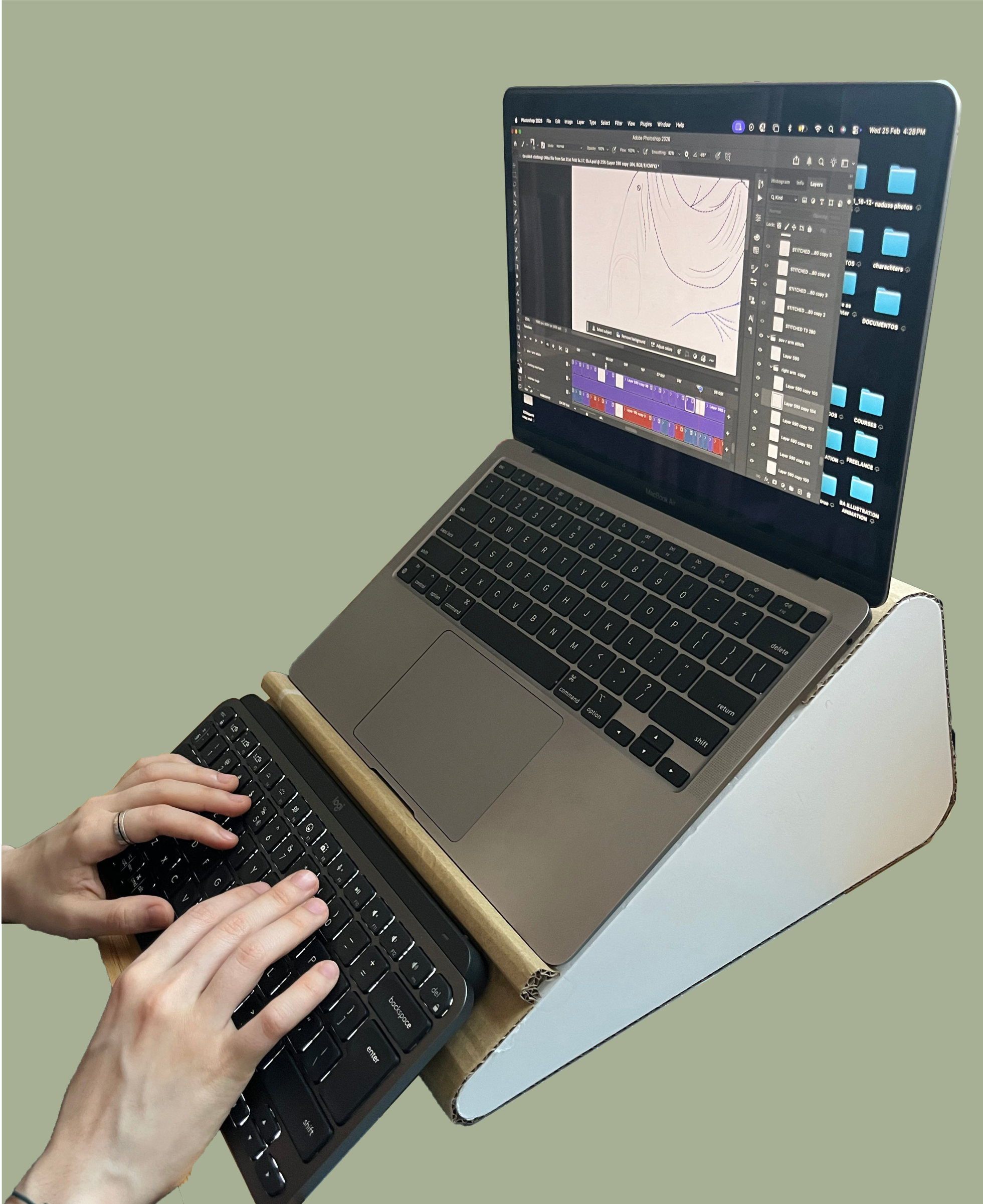 Typing on a keyboard with a laptop on the stand