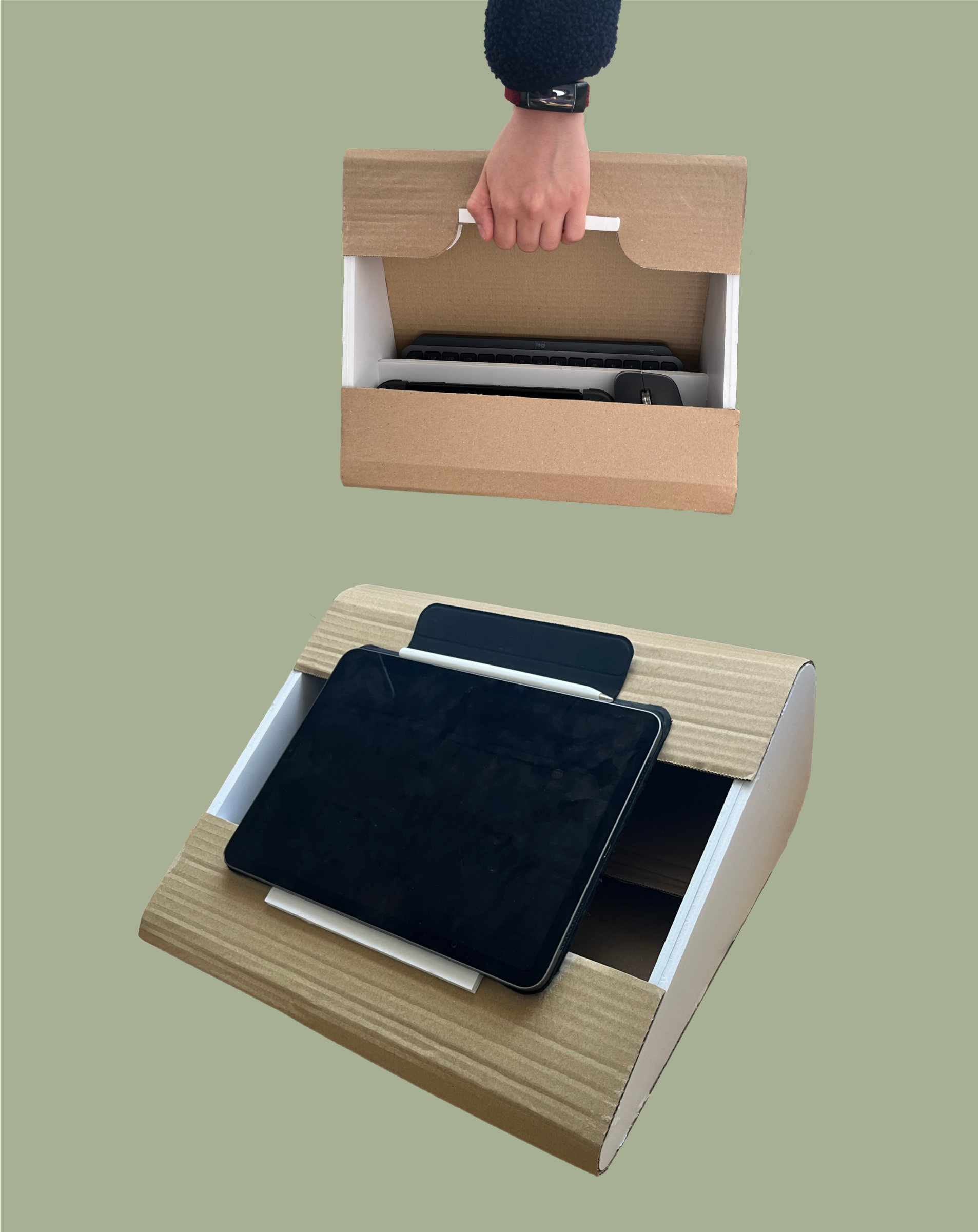 Carrying the packed stand, and an iPad resting on it